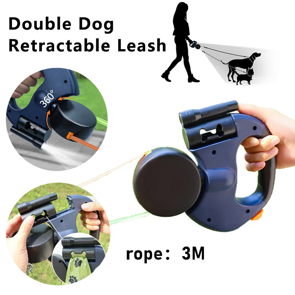 Dual Retractable Dog Leash with LED
